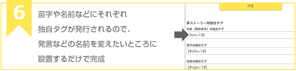 ステップ６ 苗字や名前などにそれぞれ独自タグが発行されるので、発言などの名前を変えたいところに設置するだけで完成