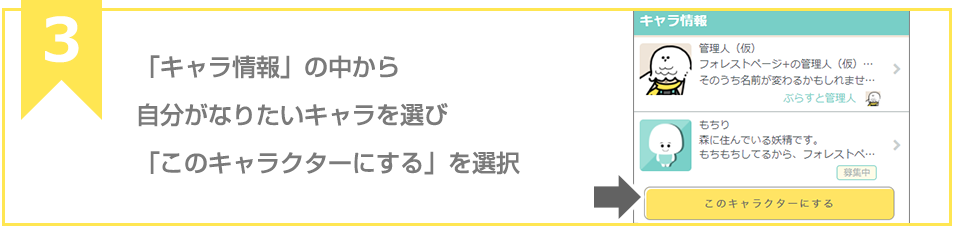 「キャラ情報」の中から自分がなりたいキャラを選び「このキャラクターにする」を選択
