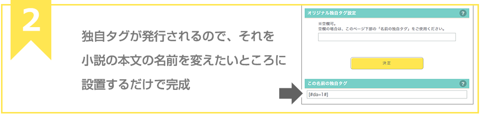 独自タグが発行されるので、それを小説の本文の名前を変えたいところに設置するだけで完成